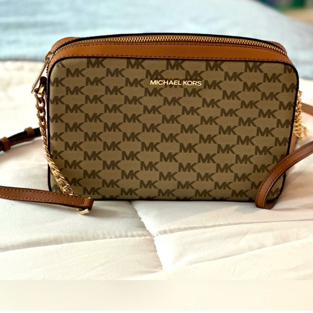 Michael Kors Tan and Gold Logo Crossbody
